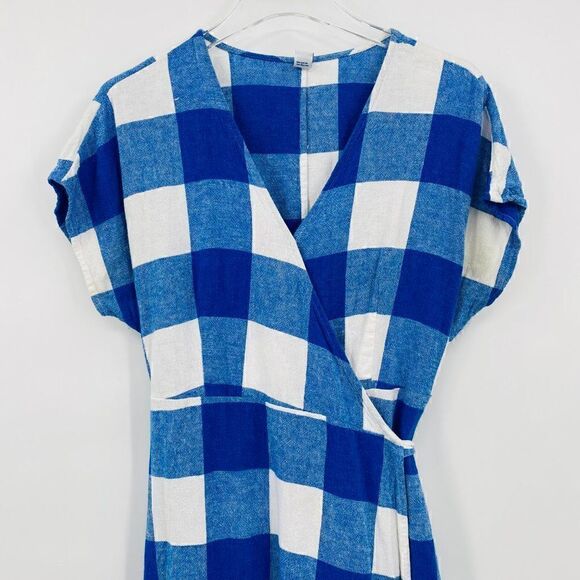 Old Navy Size Large Petite LP Blue & White Plaid Linen Summer Wrap Dress - Picture 6 of 14